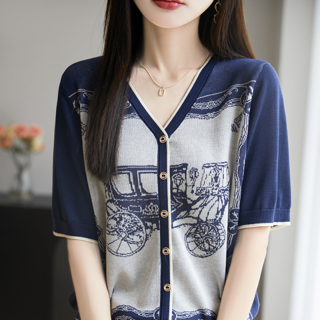 13446662.珍真羊 短袖T恤女夏装时尚V领宽松休闲针织衫