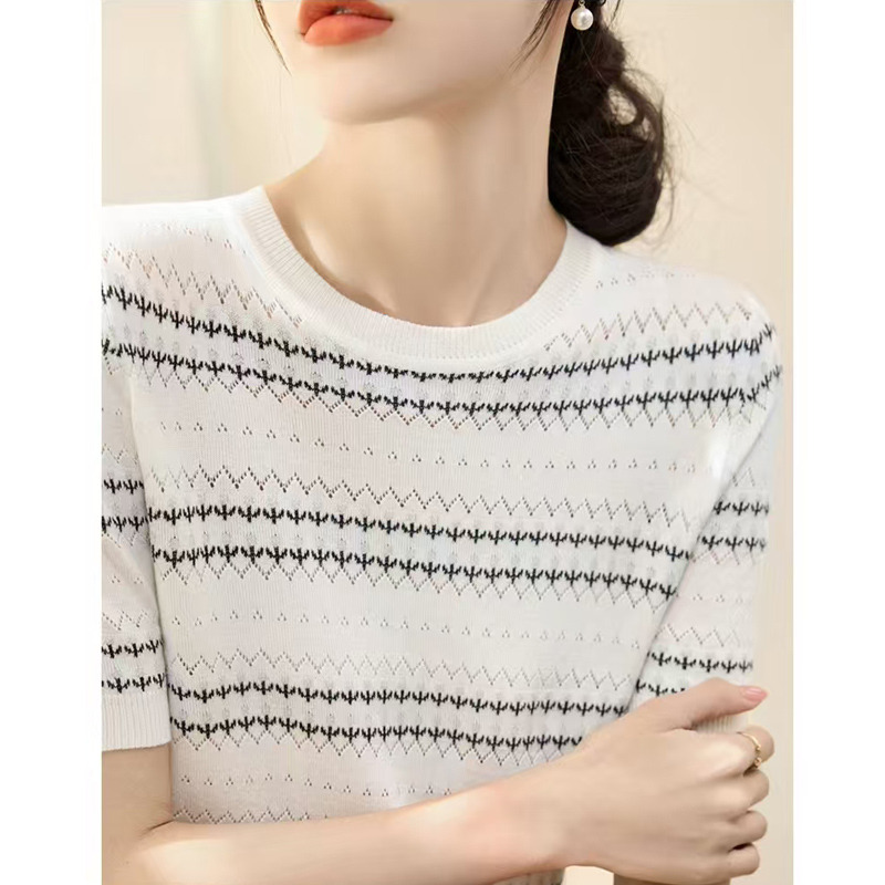 13447092.珍真羊 针织短袖T恤女夏装时尚圆领休闲打底衫