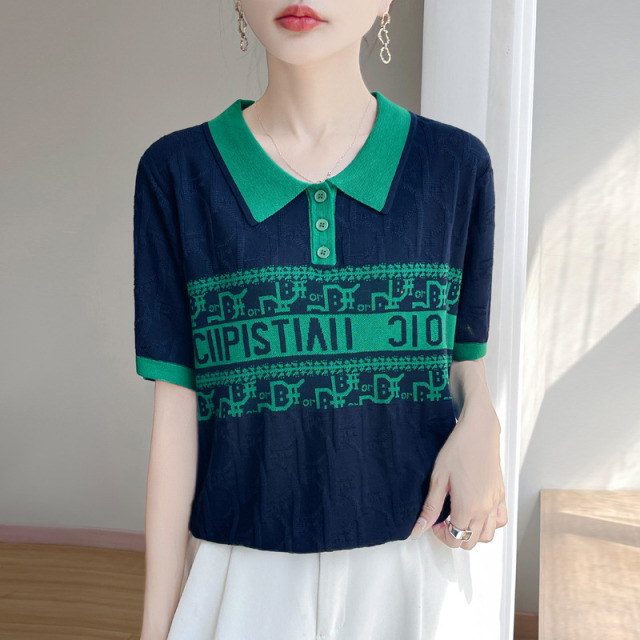 13447299.珍真羊 短袖T恤女夏装时尚翻领POLO衫拼色字母提花针织上衣