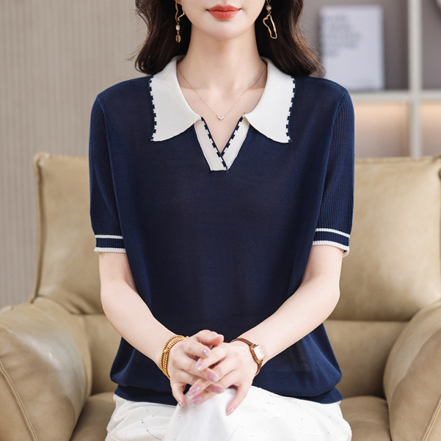 13447312.珍真羊 短袖T恤女夏装时尚翻领针织衫