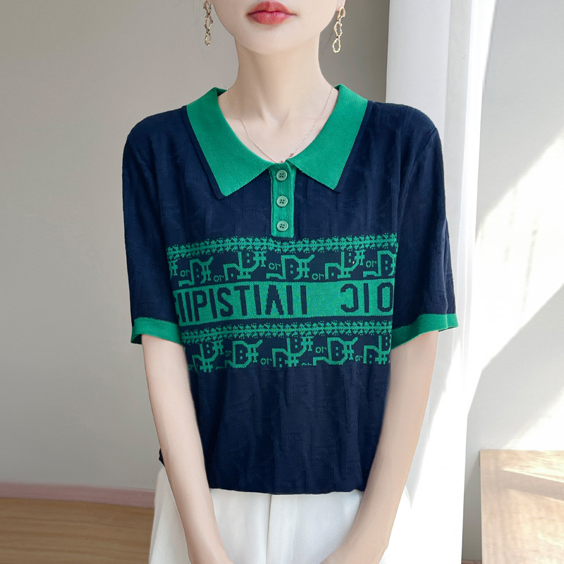 13447299.珍真羊 短袖T恤女夏装时尚翻领POLO衫拼色字母提花针织上衣