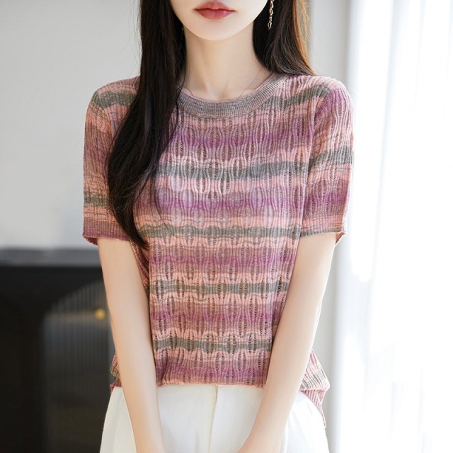13447252.珍真羊 短袖T恤女夏装时尚彩虹拼色圆领针织衫