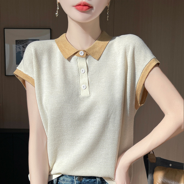 13447270.珍真羊 短袖T恤女夏装时尚娃娃领针织半袖上衣