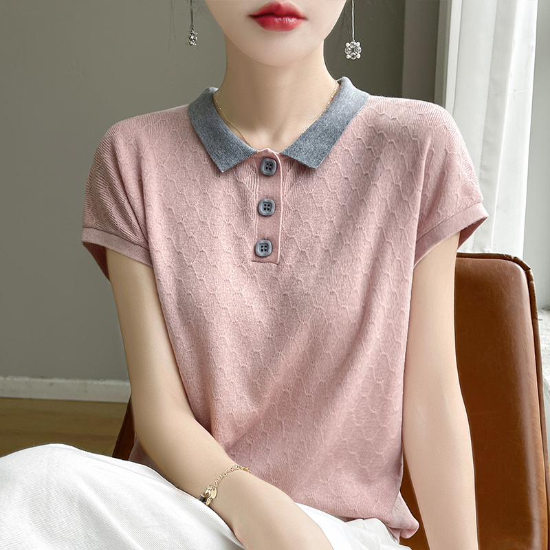 13447280.珍真羊 夏装短袖T恤女时尚娃娃领针织衫上衣