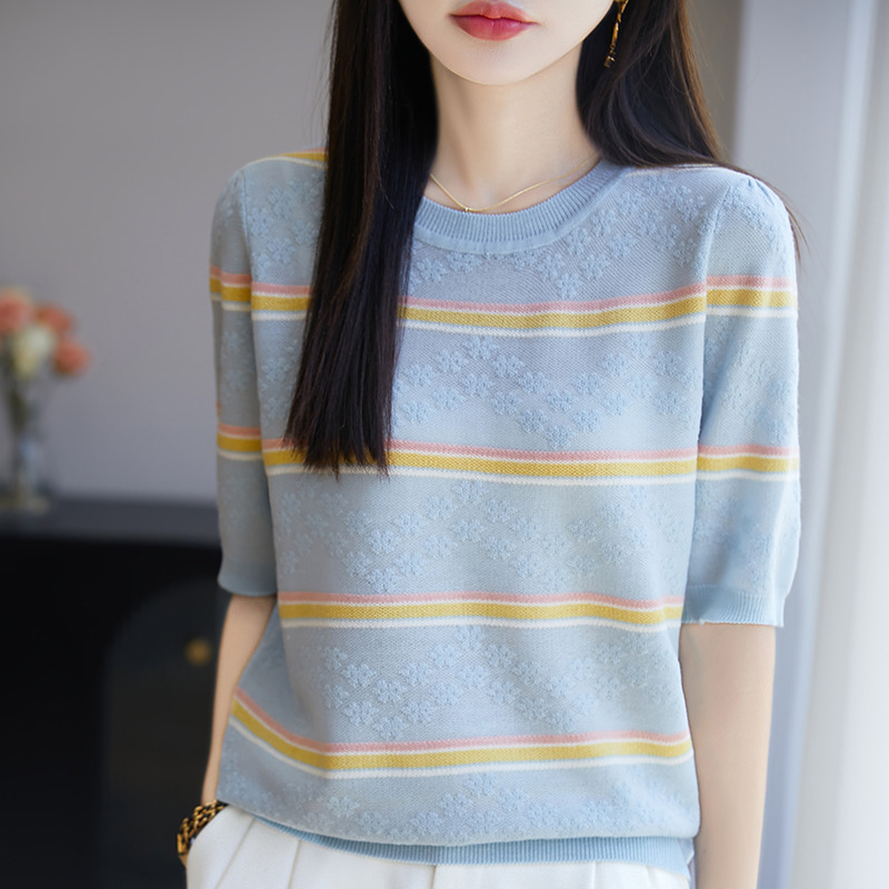 13448249.珍真羊 短袖T恤女夏装时尚拼色条纹针织衫