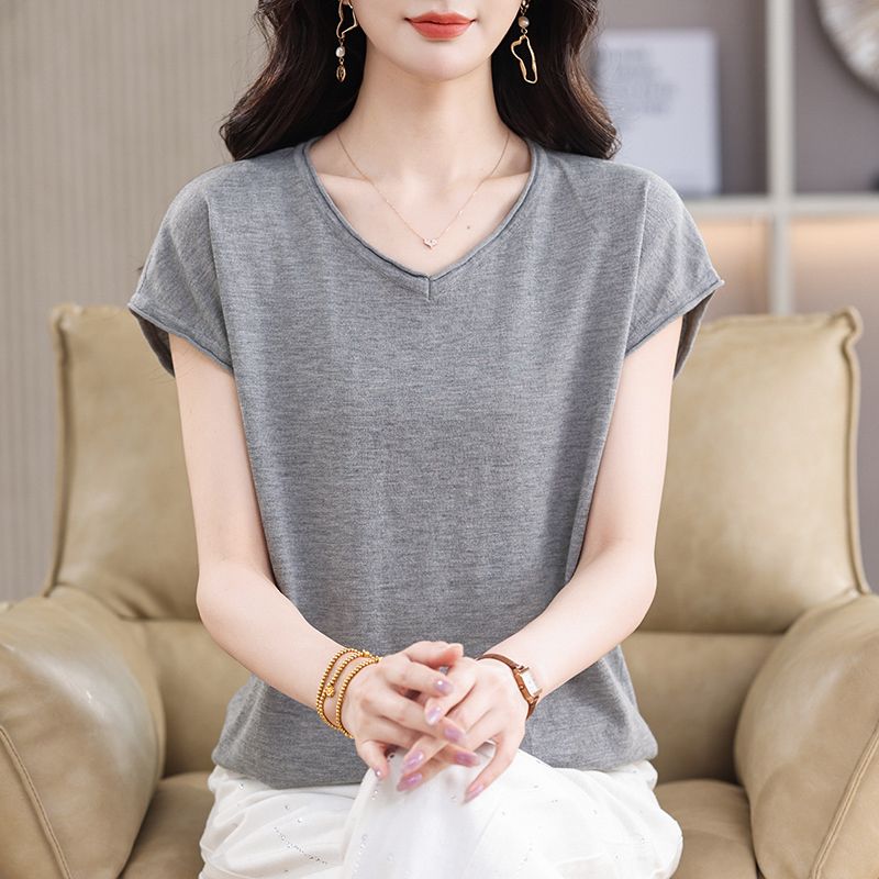 13448623.珍真羊 短袖T恤女夏装时尚卷边针织打底衫