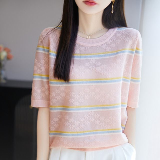 13448249.珍真羊 短袖T恤女夏装时尚拼色条纹针织衫