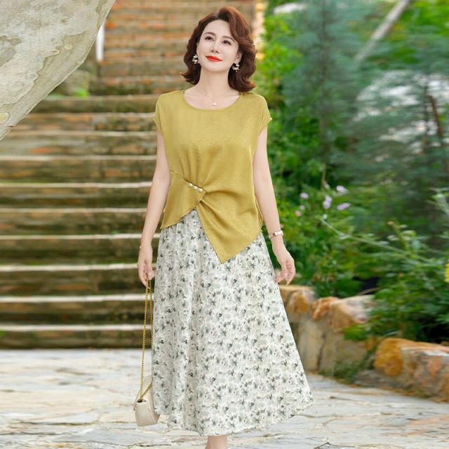 13451968.珍真羊 妈妈装夏季短袖套装裙时尚优雅气质两件套女