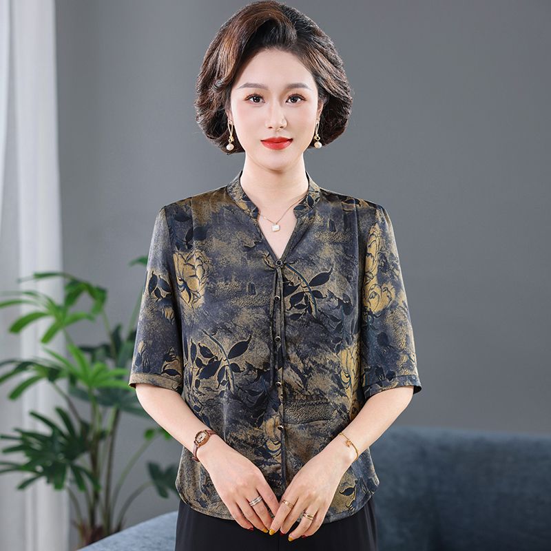 13452359.珍真羊 妈妈装夏季V领印花T恤时尚百搭减龄上衣女