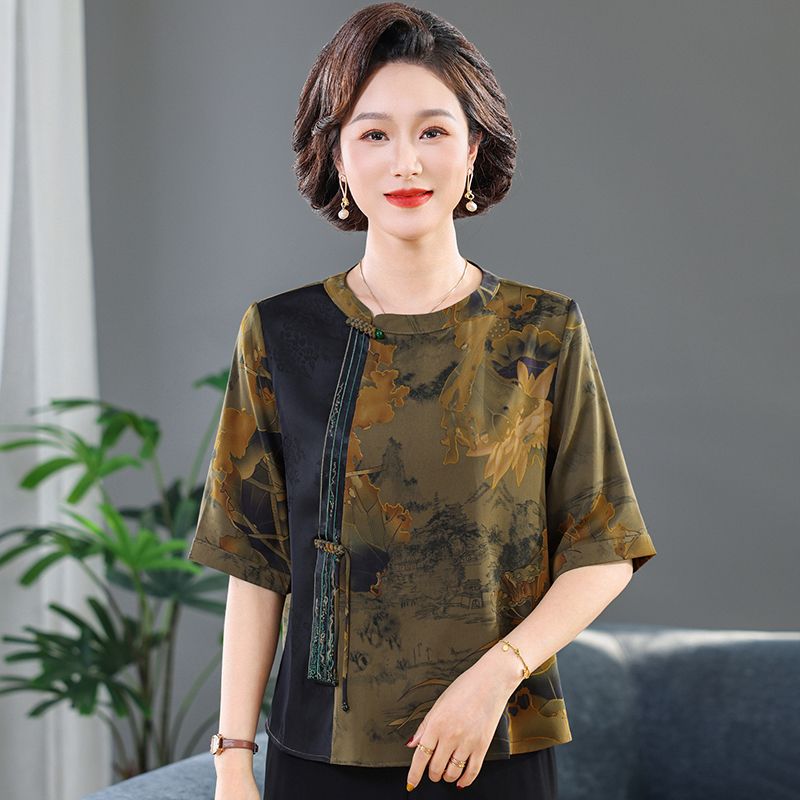 13452928.珍真羊 妈妈装夏季印花短袖上衣国风新中式减龄T恤女
