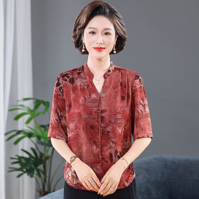 13452359.珍真羊 妈妈装夏季V领印花T恤时尚百搭减龄上衣女