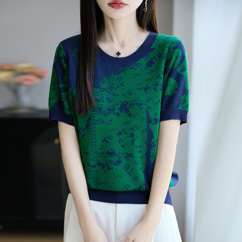 13455726.珍真羊 短袖T恤女夏装时尚拼色圆领针织衫