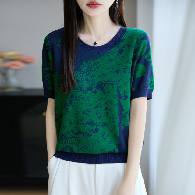 13455726.珍真羊 短袖T恤女夏装时尚拼色圆领针织衫