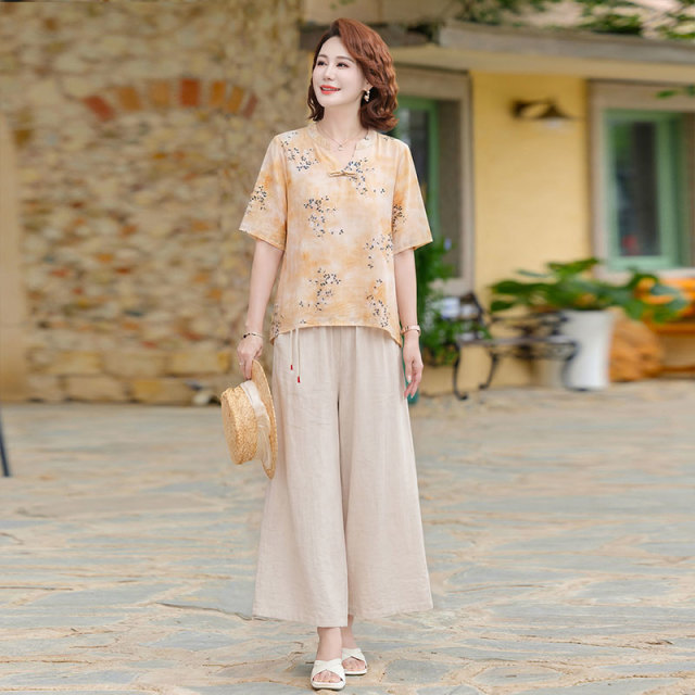 13457039.珍真羊 妈妈装夏季国风印花套装洋气短袖两件套女