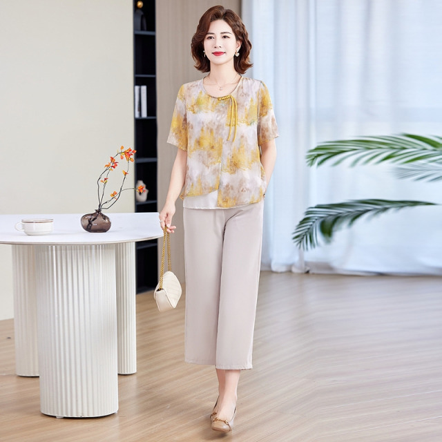 13456071.珍真羊 妈妈装夏季印花短袖套装时尚优雅两件套女