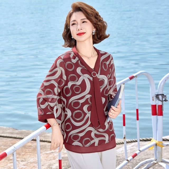 13458167.珍真羊 妈妈装夏季V领飘带雪纺T恤加大码薄款上衣女