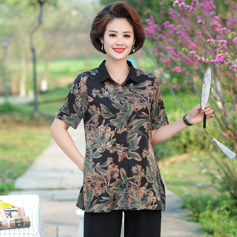 13470262.珍真羊 妈妈装夏季短袖衬衫洋气百搭中老年衬衣女