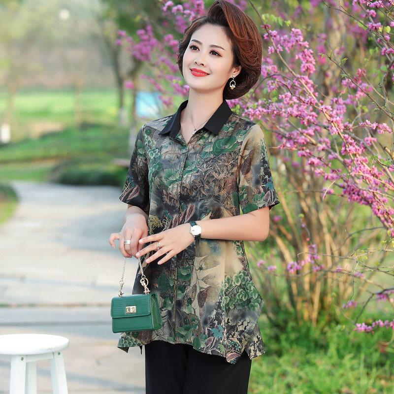 13470410.珍真羊 妈妈装夏季印花短袖衬衫洋气宽松百搭上衣女