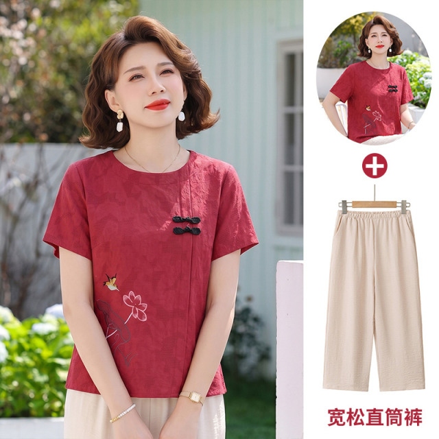 13495276.珍真羊 妈妈装夏季绣花短袖套装国风洋气两件套女