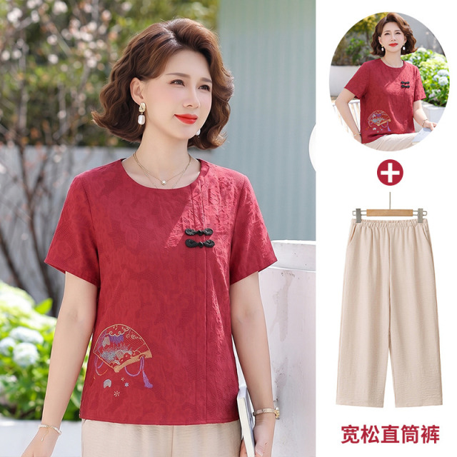 13495143.珍真羊 妈妈装夏季短袖套装新中式国风减龄两件套女