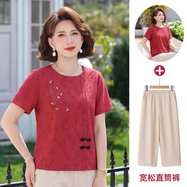 13495075.珍真羊 妈妈装夏季新中式短袖套装洋气百搭两件套女