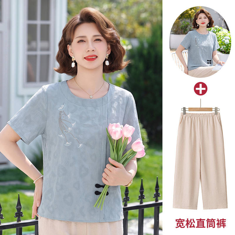 13495075.珍真羊 妈妈装夏季新中式短袖套装洋气百搭两件套女
