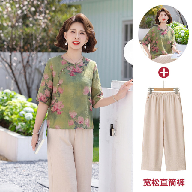 13503082.珍真羊 妈妈装夏季国风印花套装洋气减龄两件套女