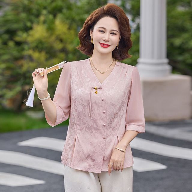 13503933.珍真羊 妈妈装夏季V领国风衬衫洋气百搭上衣女