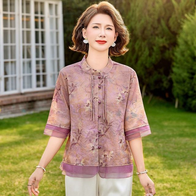 13503584.珍真羊 妈妈装夏季印花国风上衣洋气宽松减龄衬衫女