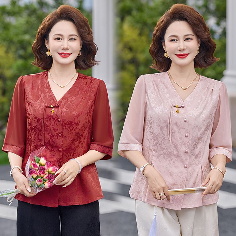 13503933.珍真羊 妈妈装夏季V领国风衬衫洋气百搭上衣女