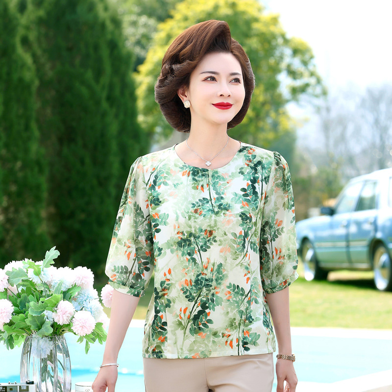 13506503.珍真羊 妈妈装夏季印花薄款T恤洋气雪纺上衣女