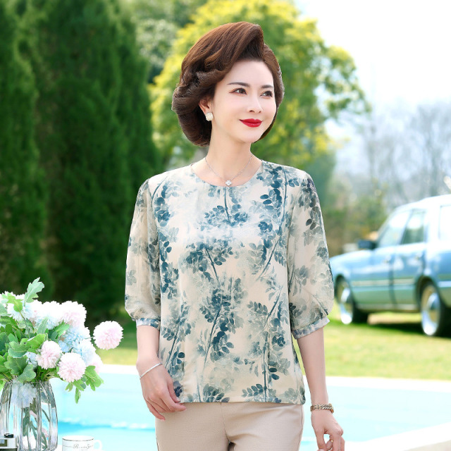13506503.珍真羊 妈妈装夏季印花薄款T恤洋气雪纺上衣女