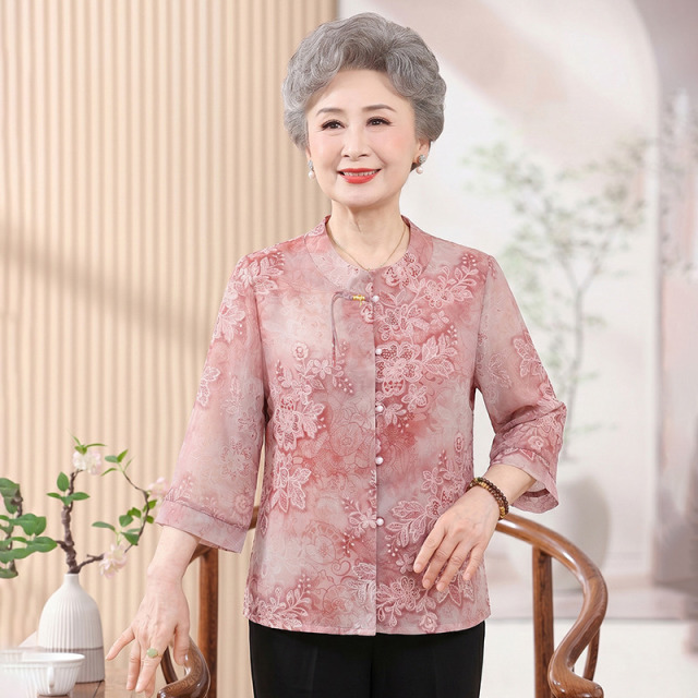 13520557.珍真羊 妈妈装夏季印花衬衫洋气宽松百搭上衣女