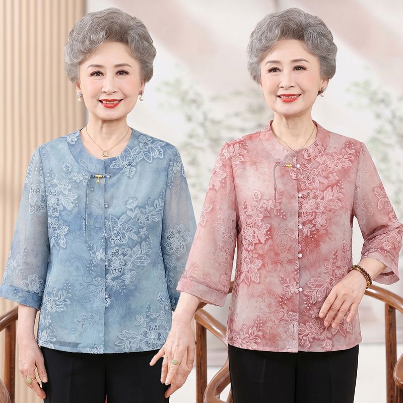 13520557.珍真羊 妈妈装夏季印花衬衫洋气宽松百搭上衣女