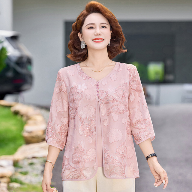 13522074.珍真羊 妈妈装夏季印花薄款上衣洋气宽松百搭T恤女