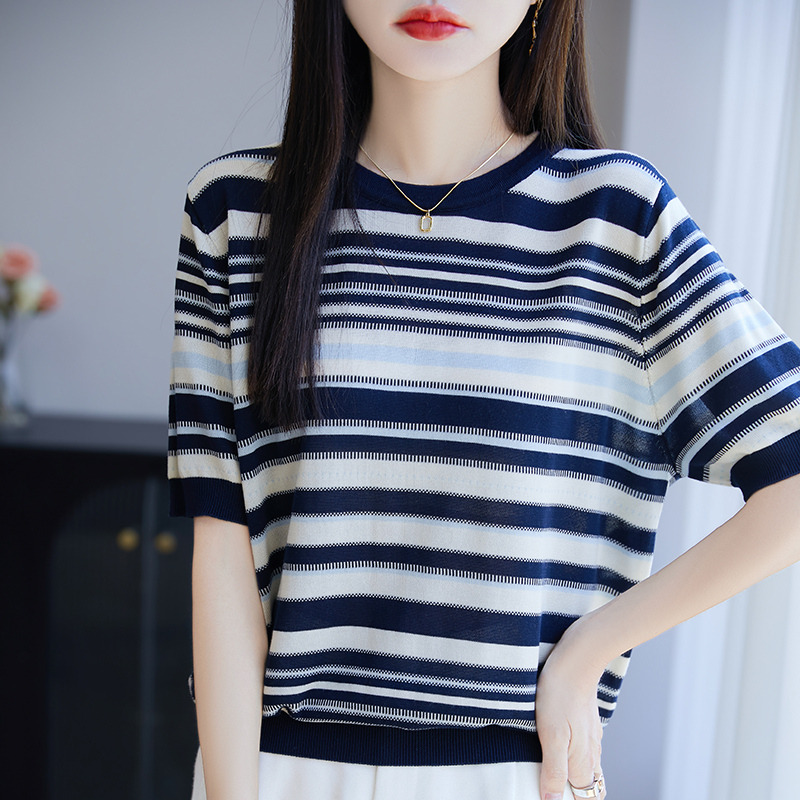 13526032.珍真羊 条纹短袖T恤女夏装时尚拼色针织打底衫