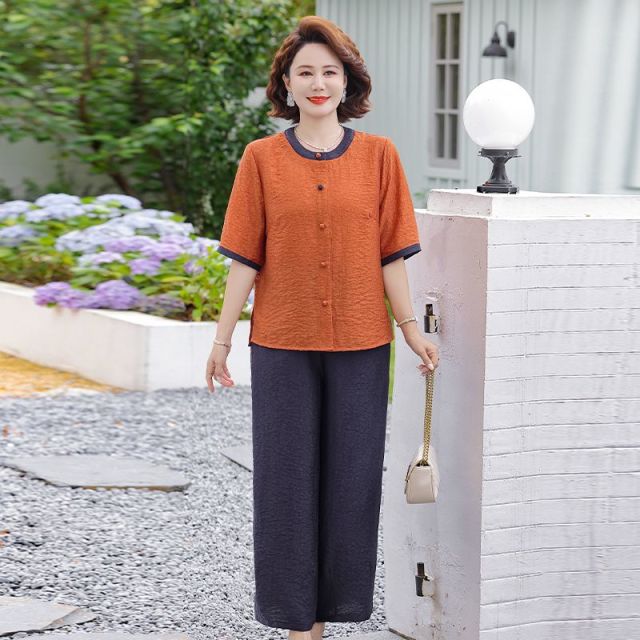 13525725.珍真羊 妈妈装夏季短袖套装休闲宽松减龄两件套女