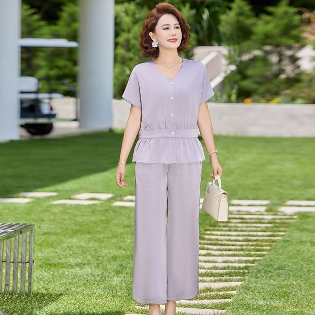 13526283.珍真羊 妈妈装夏季V领短袖套装时尚修身两件套女