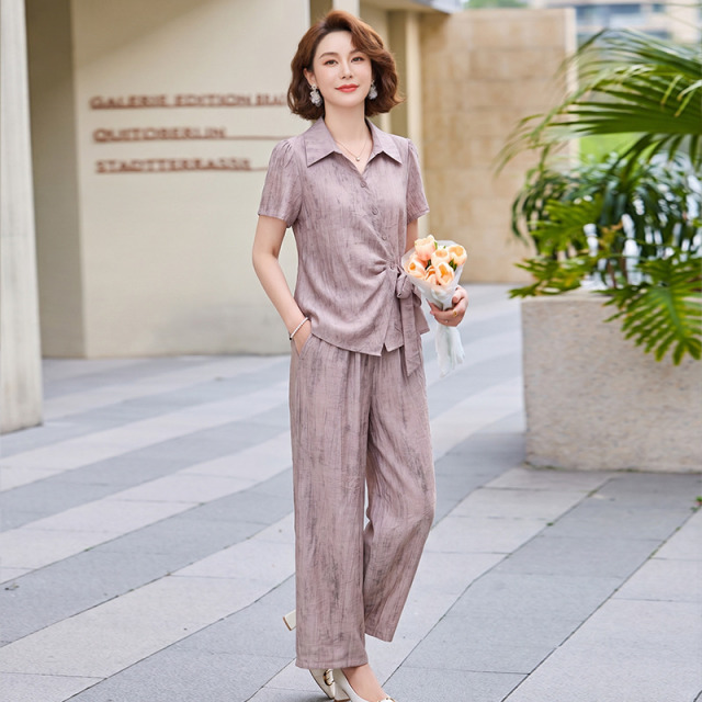 13592374.珍真羊 妈妈装夏季翻领短袖套装时尚修身气质两件套女