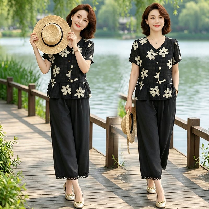 13594246.珍真羊 妈妈装V领短袖套装夏季休闲减龄两件套女