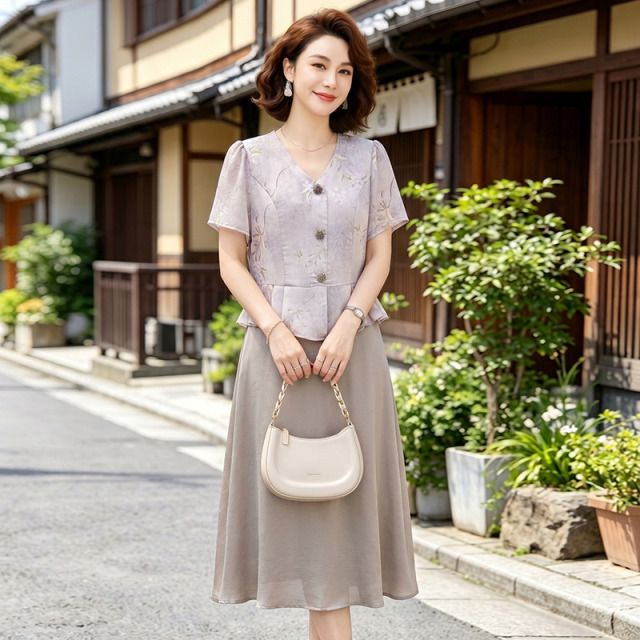 13594262.珍真羊 妈妈装V领短袖连衣裙夏季假两件减龄裙子女