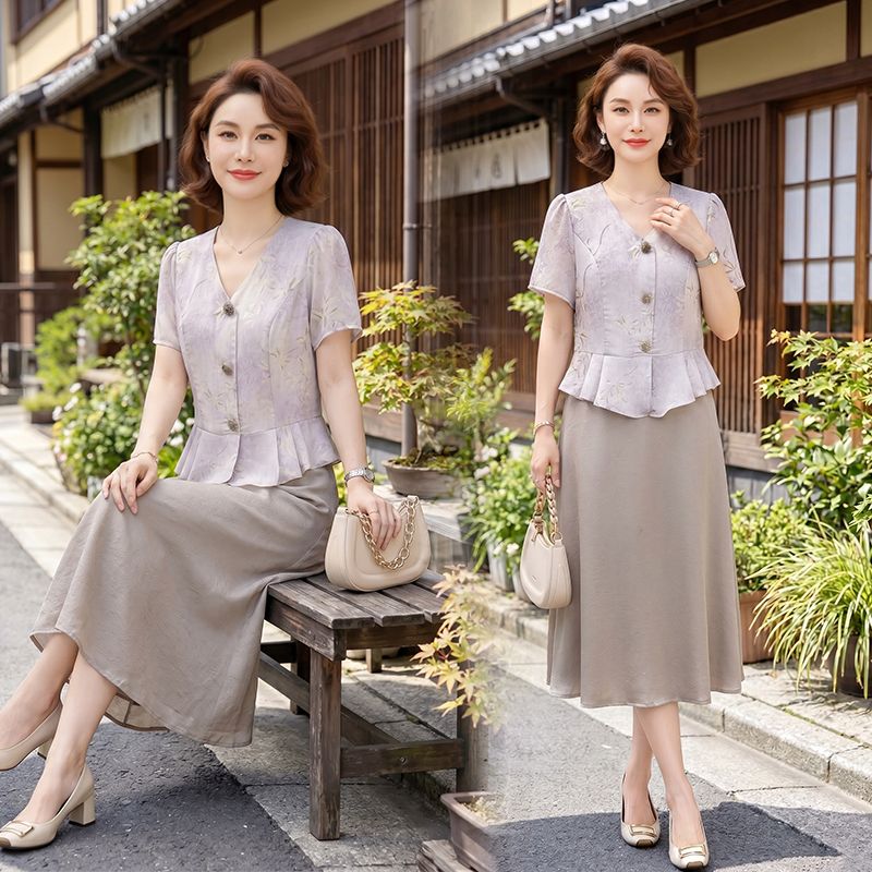 13594262.珍真羊 妈妈装V领短袖连衣裙夏季假两件减龄裙子女