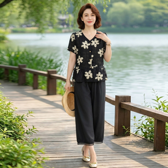 13594246.珍真羊 妈妈装V领短袖套装夏季休闲减龄两件套女