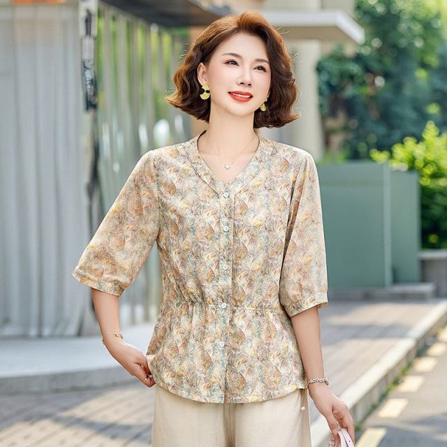 13617909.珍真羊 妈妈装夏季印花小衫时尚百搭减龄上衣女