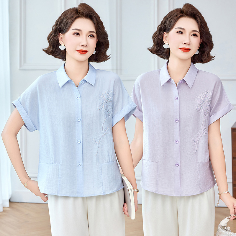 13620612.珍真羊 妈妈装夏季短袖绣花衬衫时尚百搭减龄衬衣女