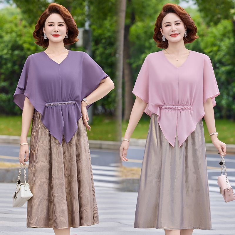 13619623.珍真羊 妈妈装V领假两件连衣裙夏季洋气减龄裙子女