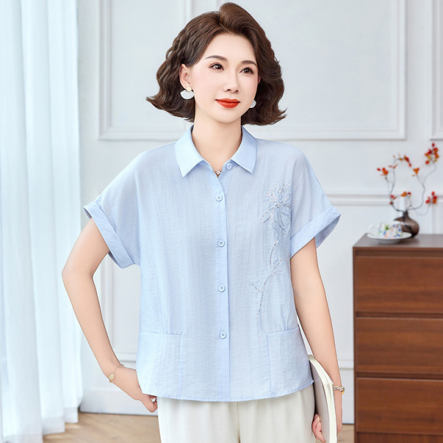 13620612.珍真羊 妈妈装夏季短袖绣花衬衫时尚百搭减龄衬衣女