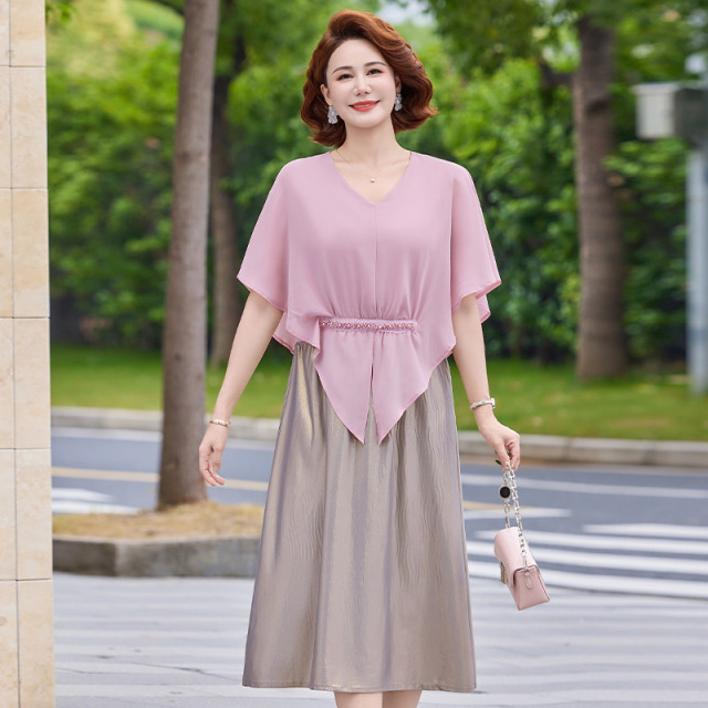 13619623.珍真羊 妈妈装V领假两件连衣裙夏季洋气减龄裙子女