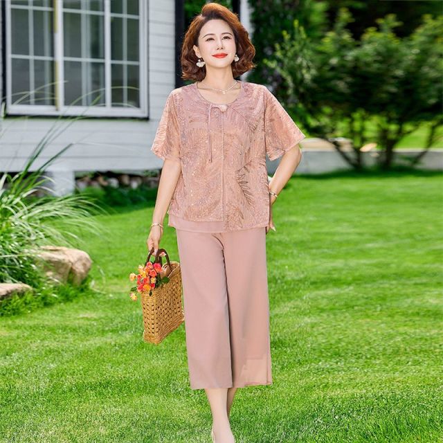 13623557.珍真羊 妈妈装夏季短袖套装洋气宽松遮肚减龄两件套女
