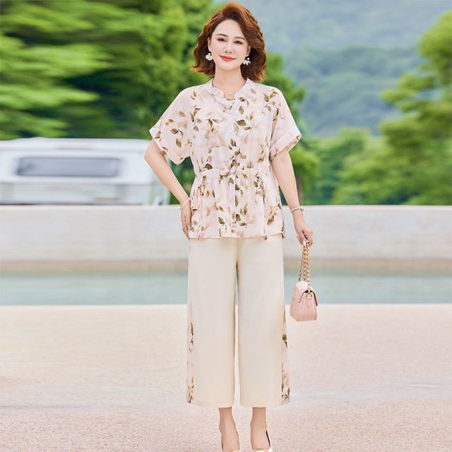 13626243.珍真羊 妈妈装夏季印花短袖套装洋气宽松减龄两件套女